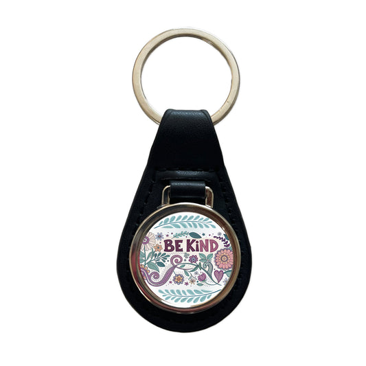 Be Kind Hippie Floral Pattern Black Leather Metal Keychain