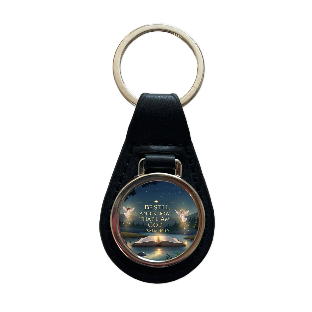 Be Still And Know That I Am God Psalm 46-10 Angels Outdoor Black Leather Metal Keychain