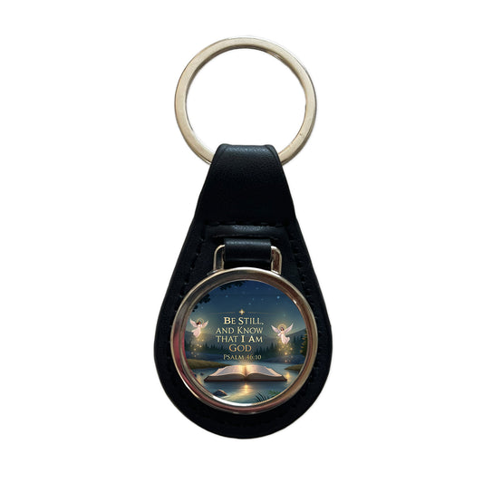 Be Still And Know That I Am God Psalm 46-10 Angels Outdoor Black Leather Metal Keychain