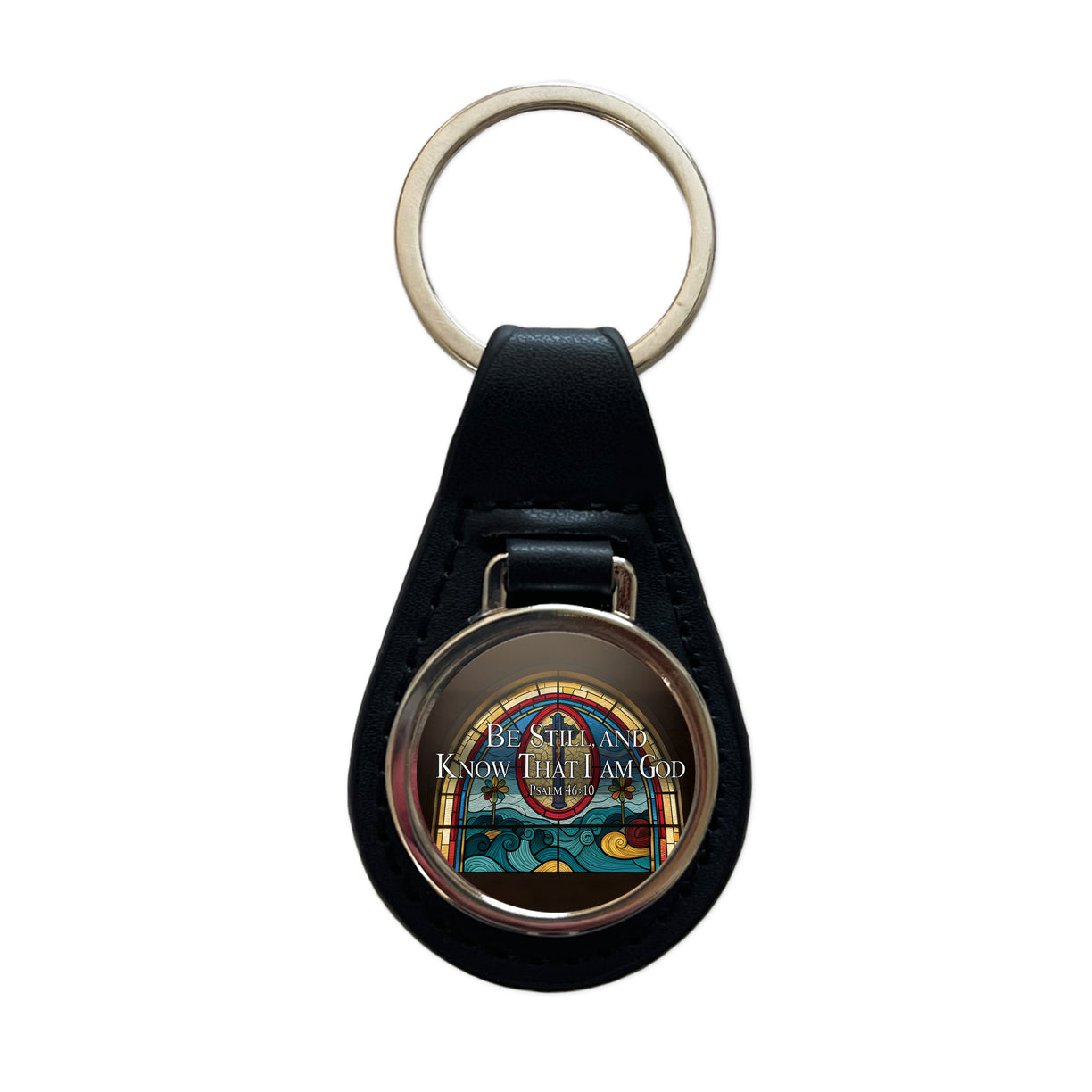 Be Still And Know That I Am God Psalm 46-10 Stained Glass Window Black Leather Metal Keychain