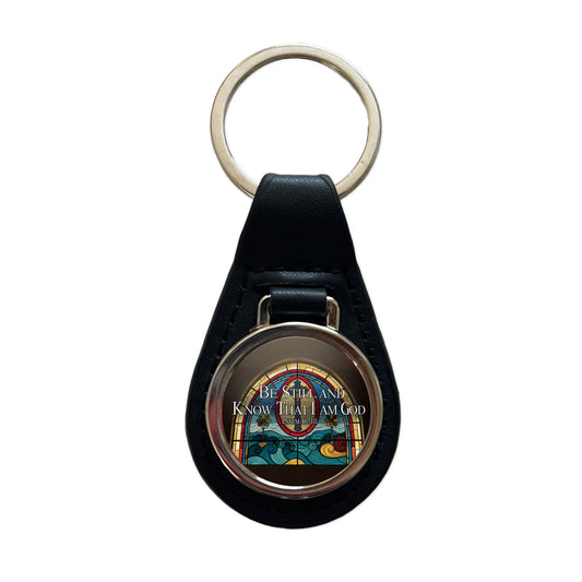 Be Still And Know That I Am God Psalm 46-10 Stained Glass Window Black Leather Metal Keychain
