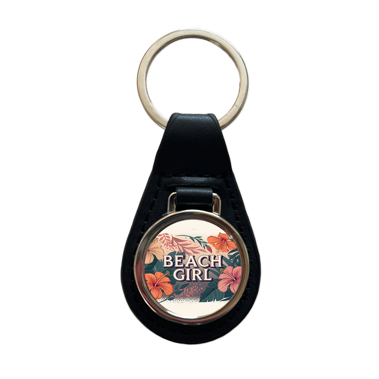 Beach Girl Tropical Hibiscus Flowers Black Leather Metal Keychain