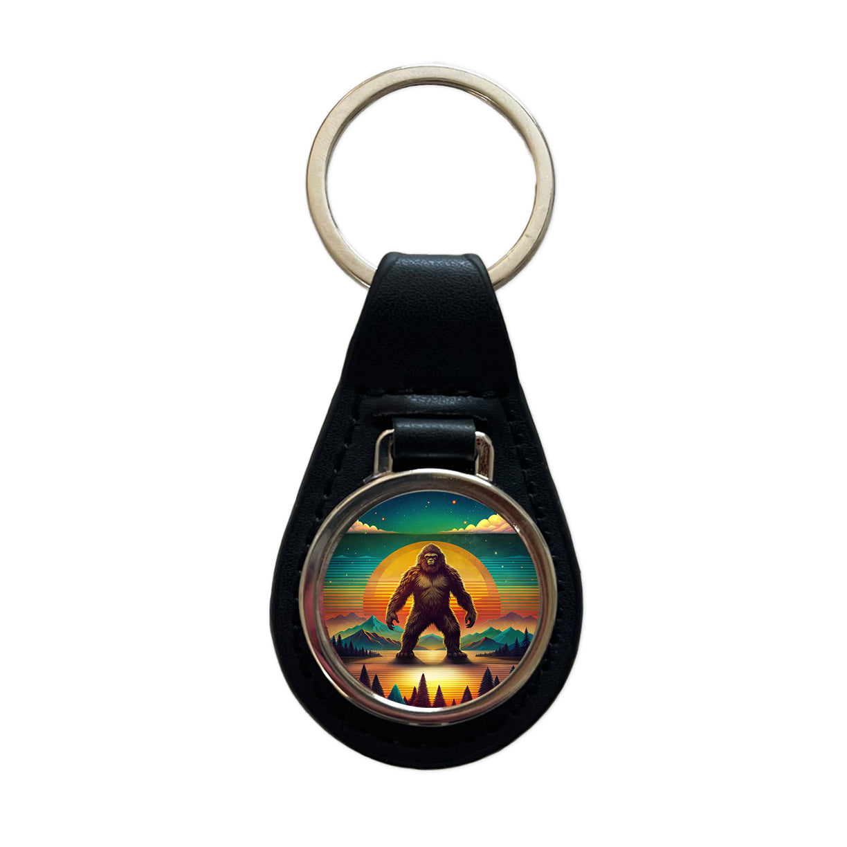 Big Foot Retro Sunset Black Leather Metal Keychain