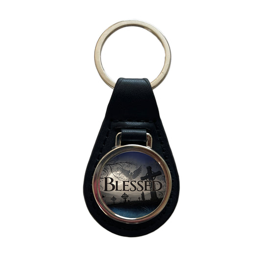 Blessed Angels Crosses Religious Black Leather Metal Keychain