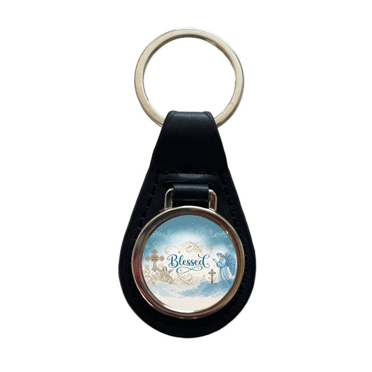Blessed Religious Angel Blue White Black Leather Metal Keychain