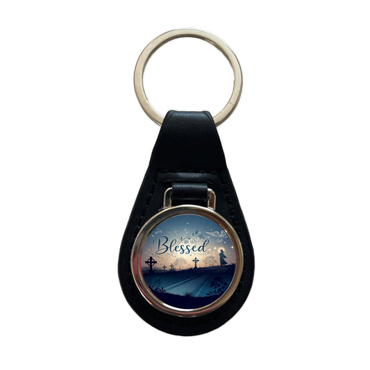 Blessed Religious Crosses Black Leather Metal Keychain