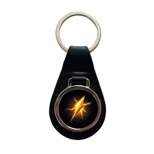 Cartoon Lightning Bolt On Black Black Leather Metal Keychain