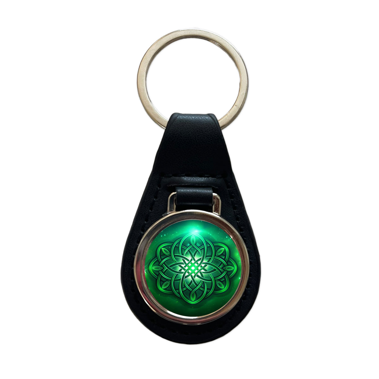 Celtic Knot Irish Eternity Love Green Black Leather Metal Keychain
