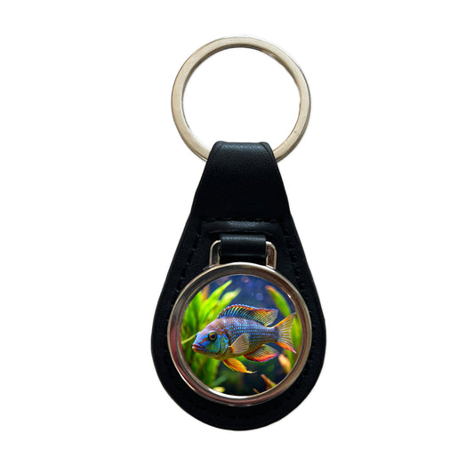 Cichlid Aquarium Fish Black Leather Metal Keychain