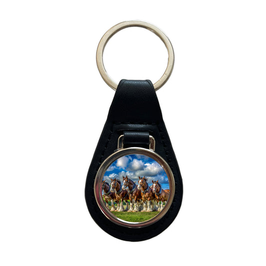 Clydesdale Horses in a Field Black Leather Metal Keychain