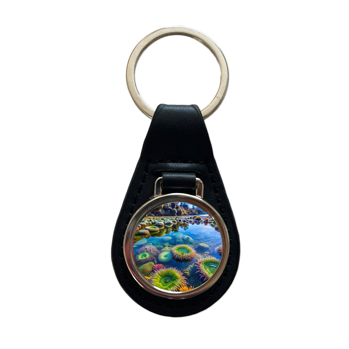 Colorful Ocean Beach Tide Pool Black Leather Metal Keychain