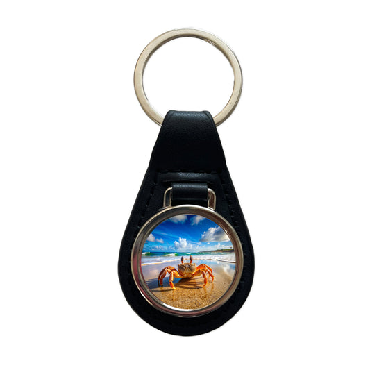 Crab On The Beach Black Leather Metal Keychain