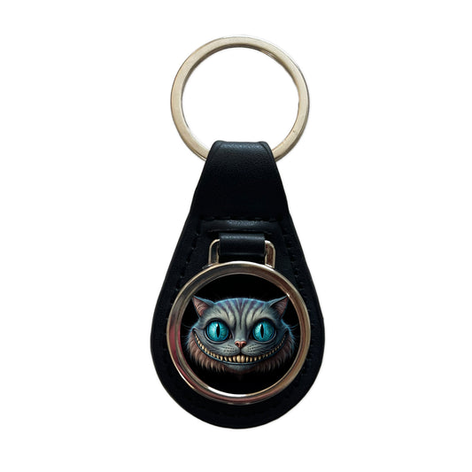 Creepy Cheshire Cat Grin on Black Black Leather Metal Keychain