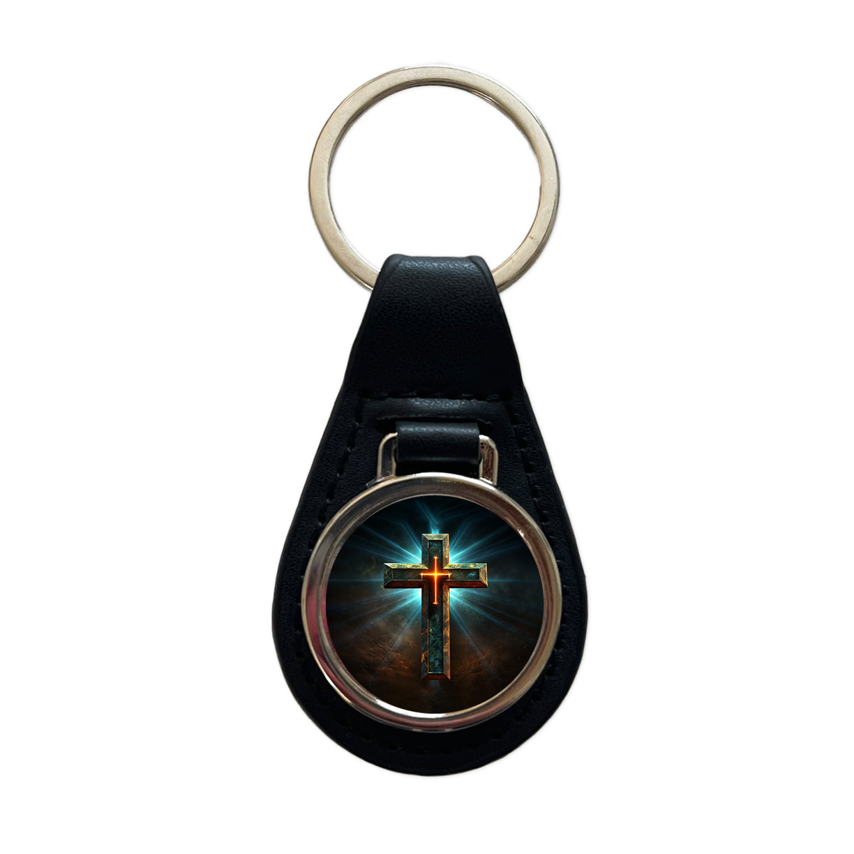 Cross On A Dark Background Religious Black Leather Metal Keychain