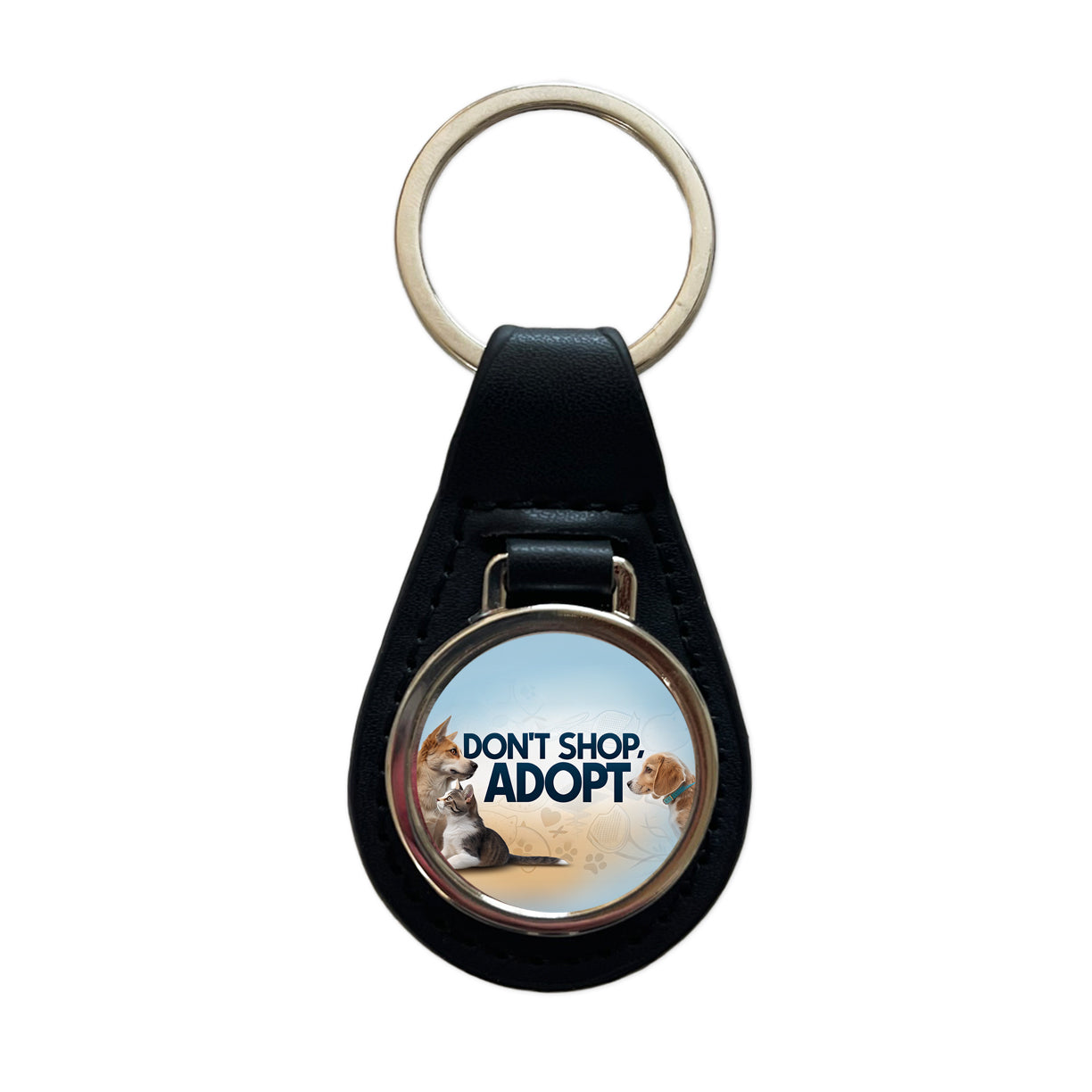 Don't Shop Adopt Dog Cat Rescue Black Leather Metal Keychain