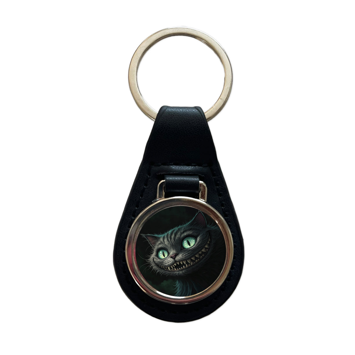 Evil Cheshire Cat Grinning On Black Black Leather Metal Keychain