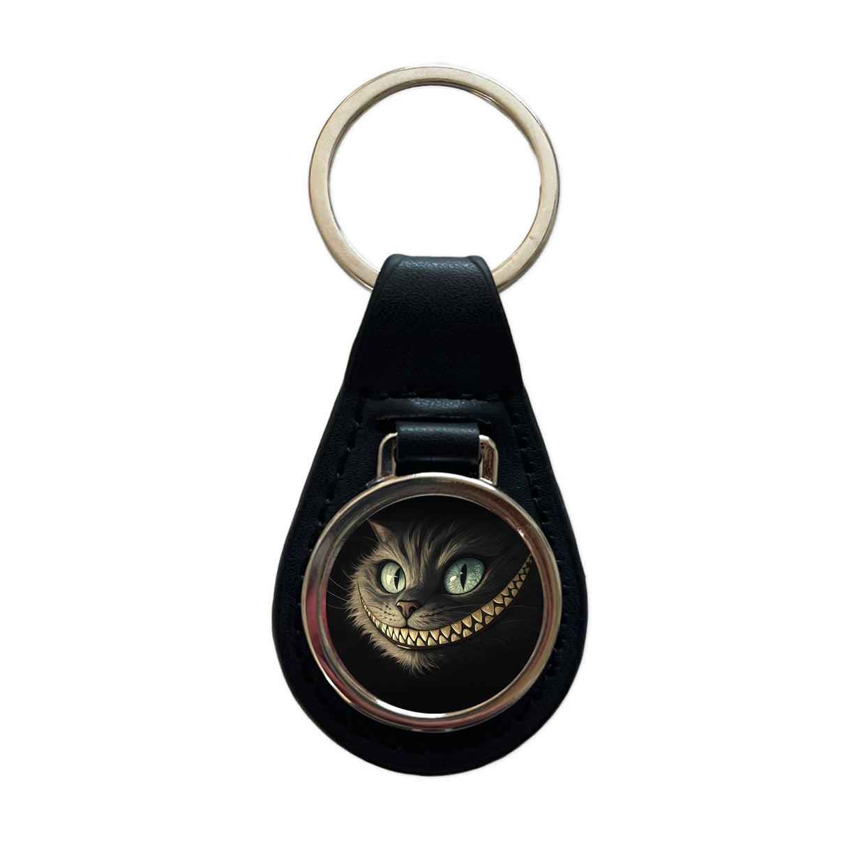 Funny Cheshire Cat Grin on Black Black Leather Metal Keychain