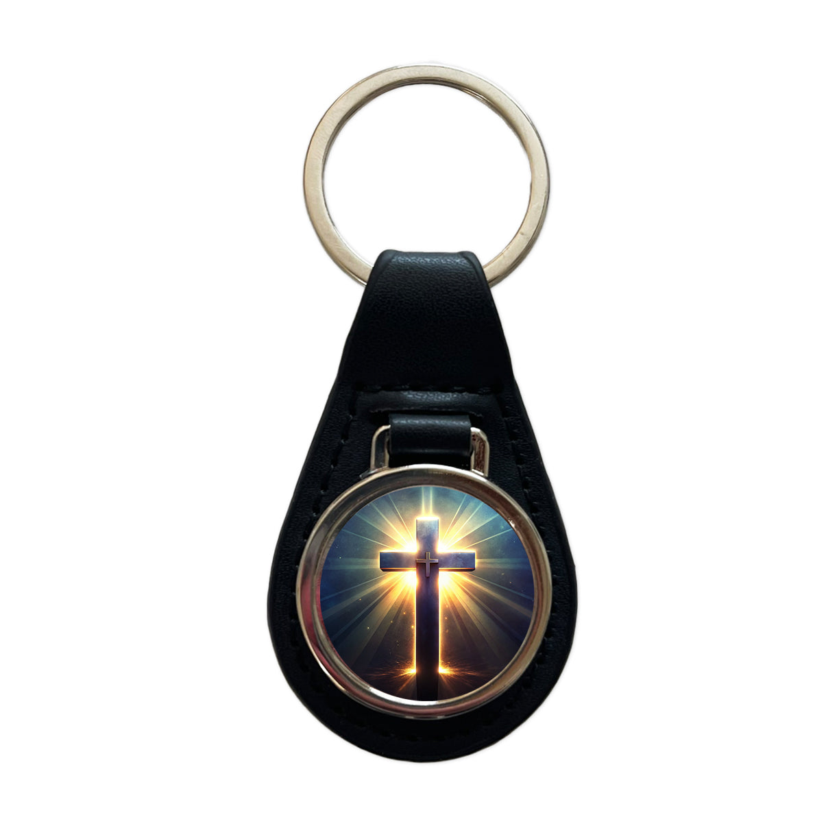 Glowing Religious Cross Black Leather Metal Keychain