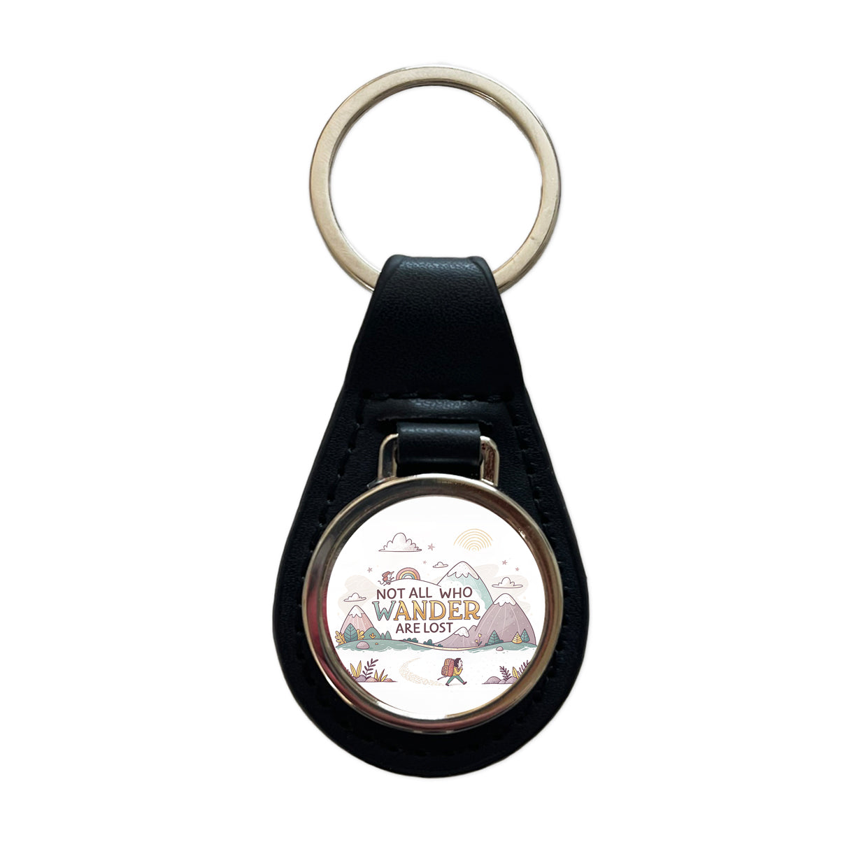 Hiking Camping Not All Who Wander Are Lost Black Leather Metal Keychain