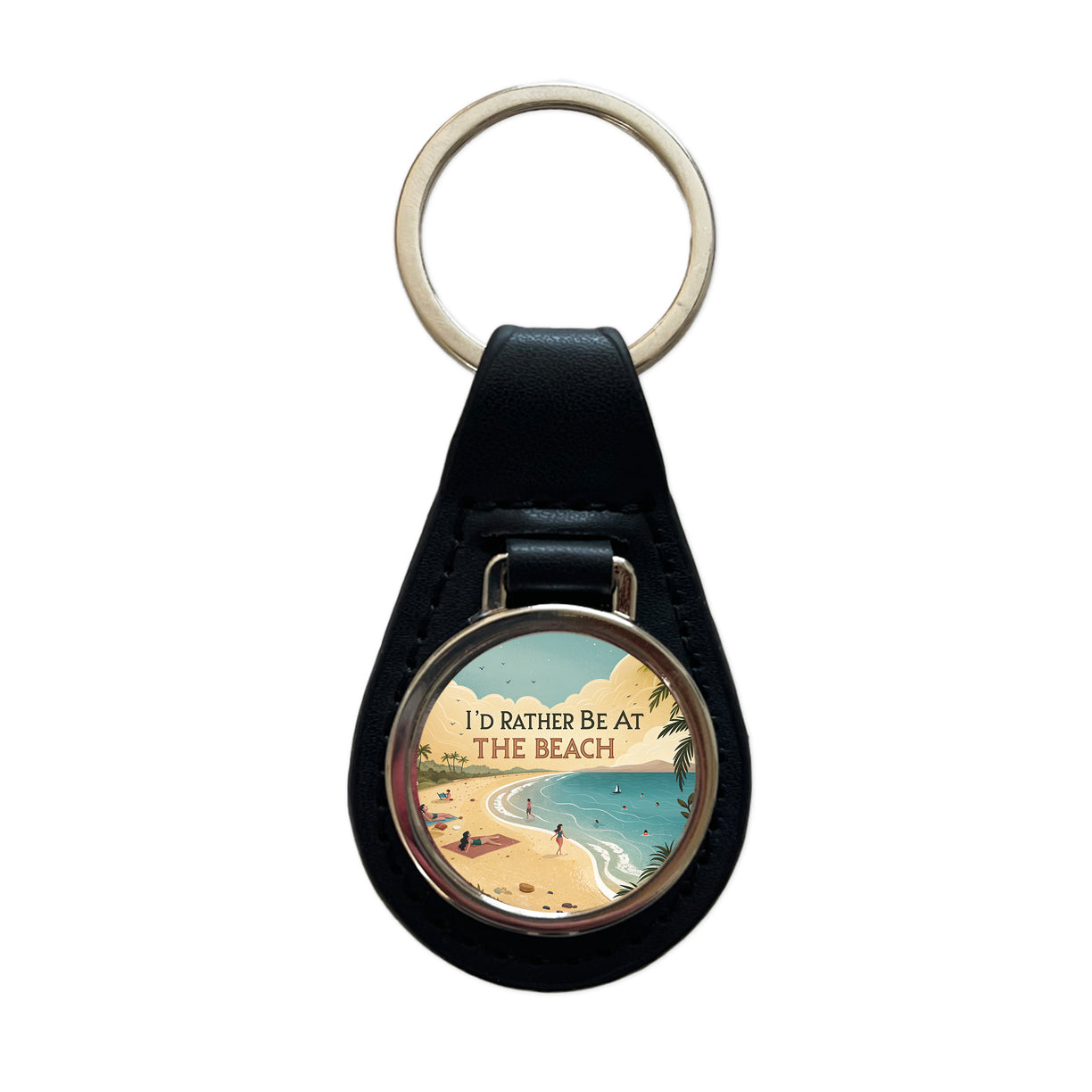 I'd Rather Be At The Beach Ocean Black Leather Metal Keychain