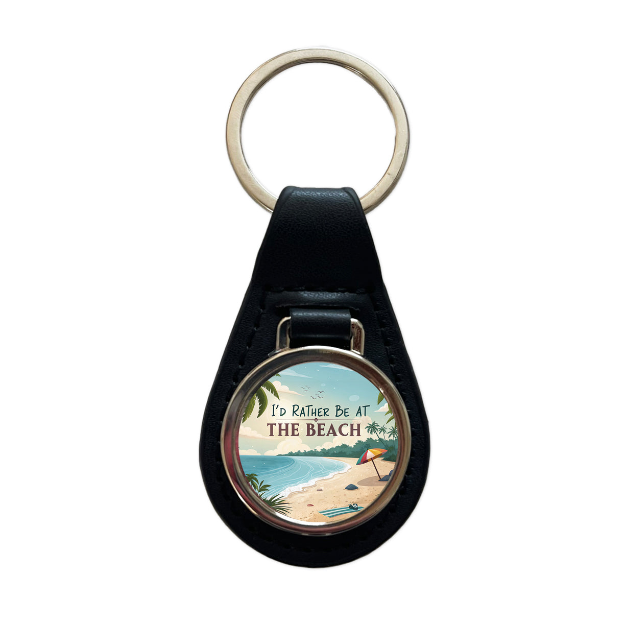 I'd Rather Be At The Beach Tropical Black Leather Metal Keychain