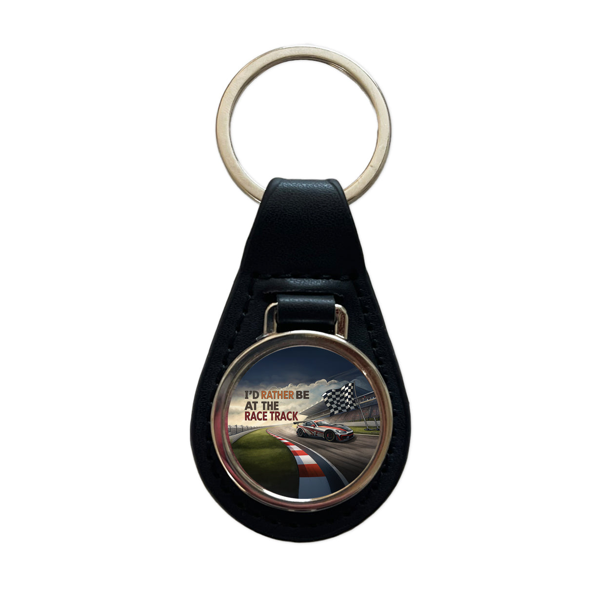I'd Rather Be At The Race Track Checkered Flag Black Leather Metal Keychain