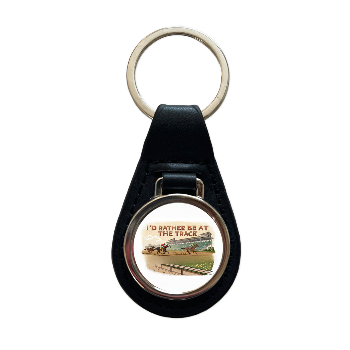 I'd Rather Be At The Track Horse Racing Black Leather Metal Keychain