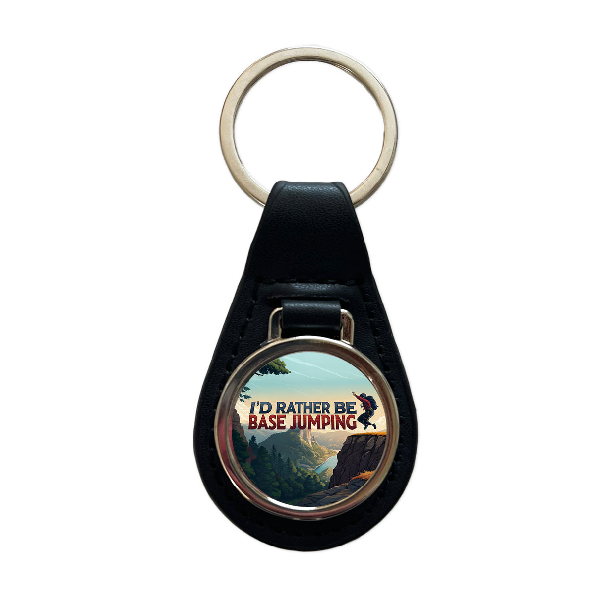 I'd Rather Be Base Jumping Black Leather Metal Keychain