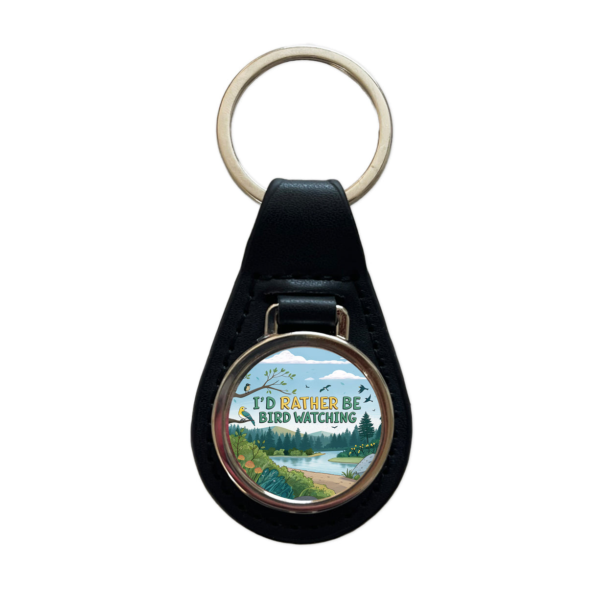 I'd Rather Be Bird Watching Birding Black Leather Metal Keychain