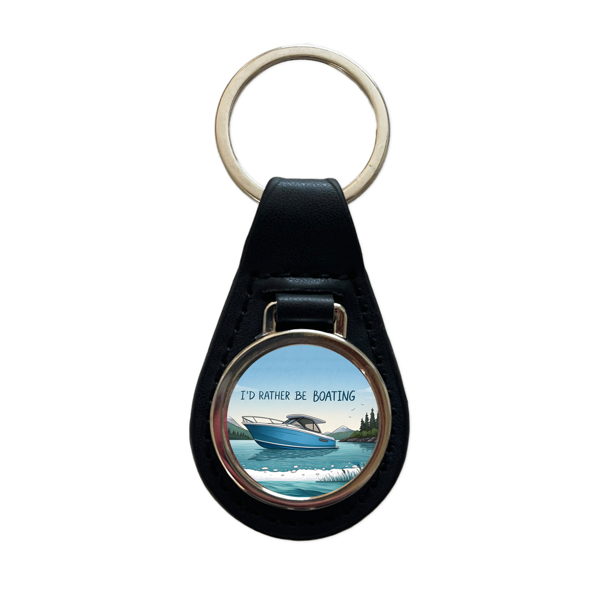 I'd Rather Be Boating Black Leather Metal Keychain