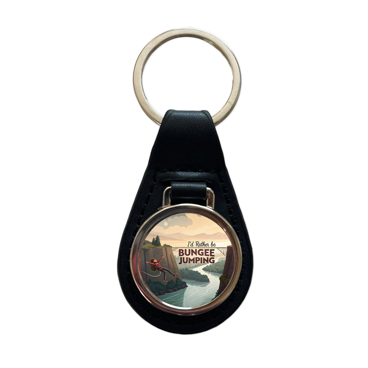 I'd Rather Be Bungee Jumping Black Leather Metal Keychain