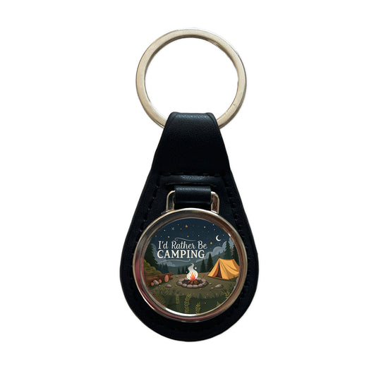 I'd Rather Be Camping Campfire Tent Black Leather Metal Keychain