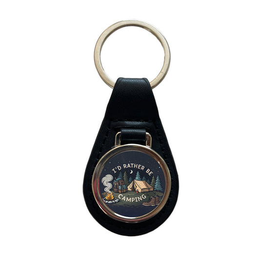 I'd Rather Be Camping Outdoors Hiking Black Leather Metal Keychain