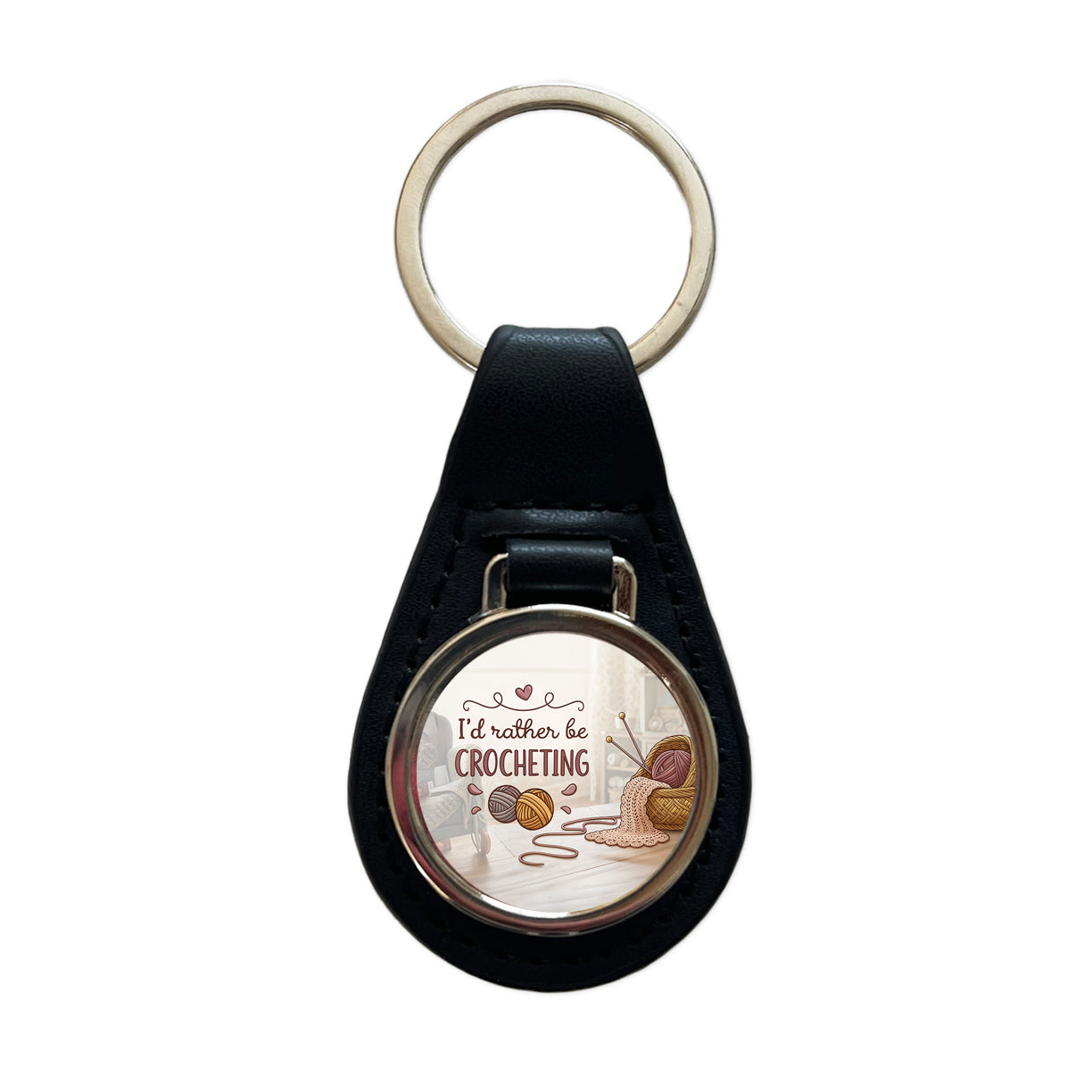 I'd Rather Be Crocheting Black Leather Metal Keychain