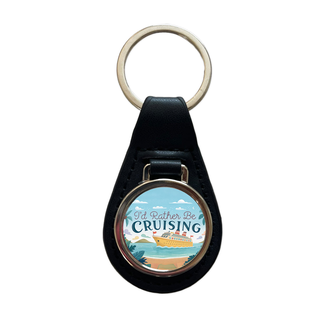 I'd Rather Be Cruising Cruise Ship Black Leather Metal Keychain