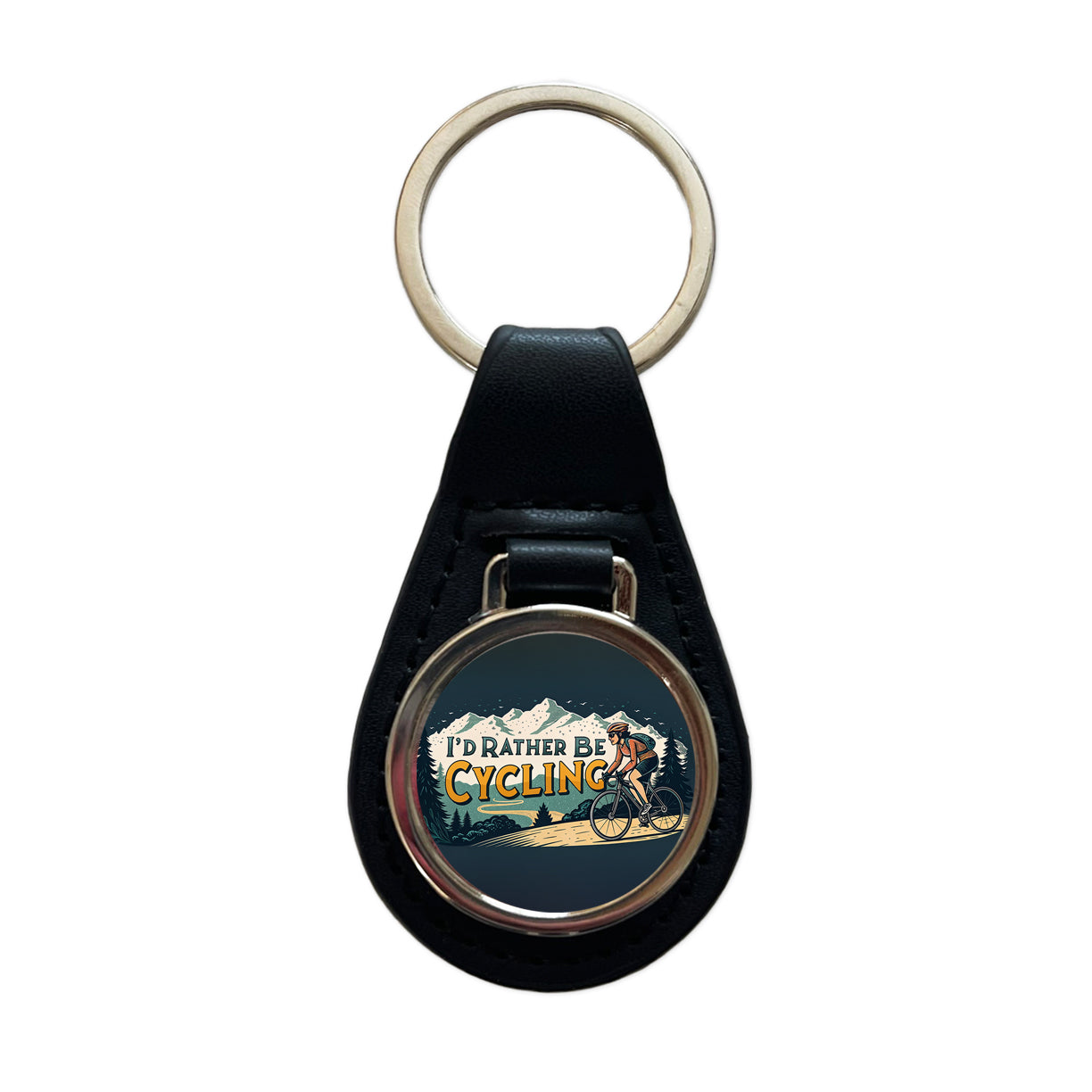 I'd Rather Be Cycling Road Mountain Bike Black Leather Metal Keychain