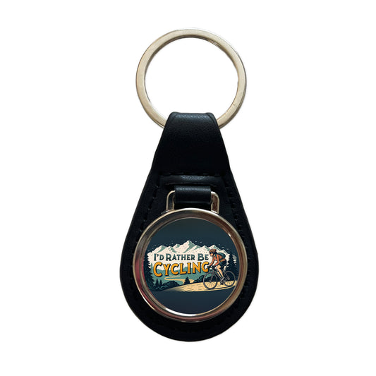 I'd Rather Be Cycling Road Mountain Bike Black Leather Metal Keychain
