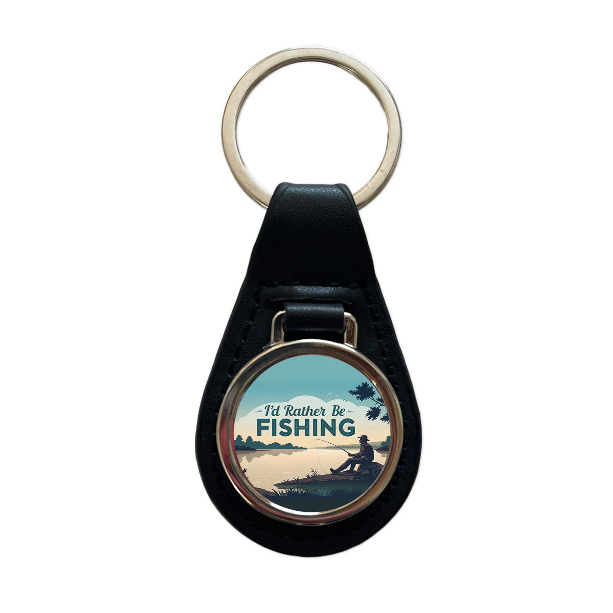 I'd Rather Be Fishing Fish Black Leather Metal Keychain
