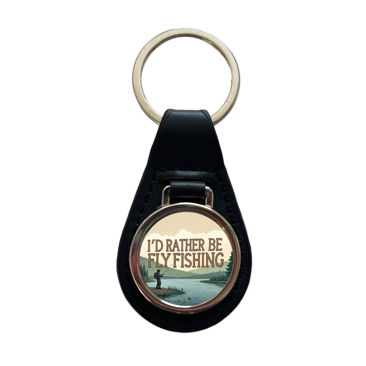 I'd Rather Be Fly Fishing Black Leather Metal Keychain
