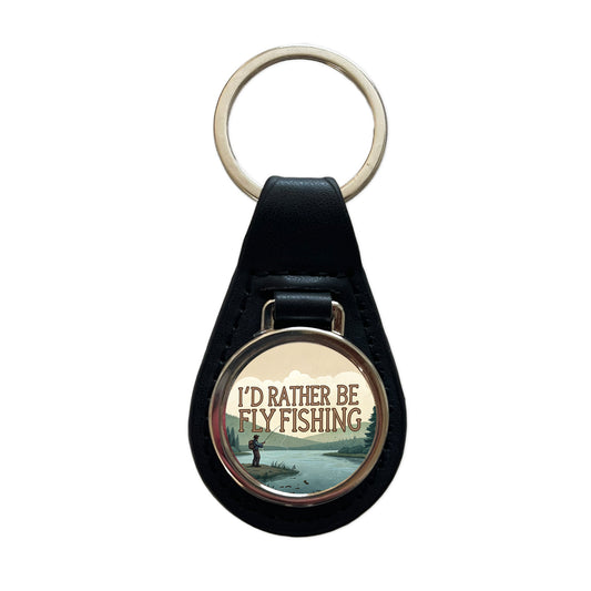 I'd Rather Be Fly Fishing Black Leather Metal Keychain