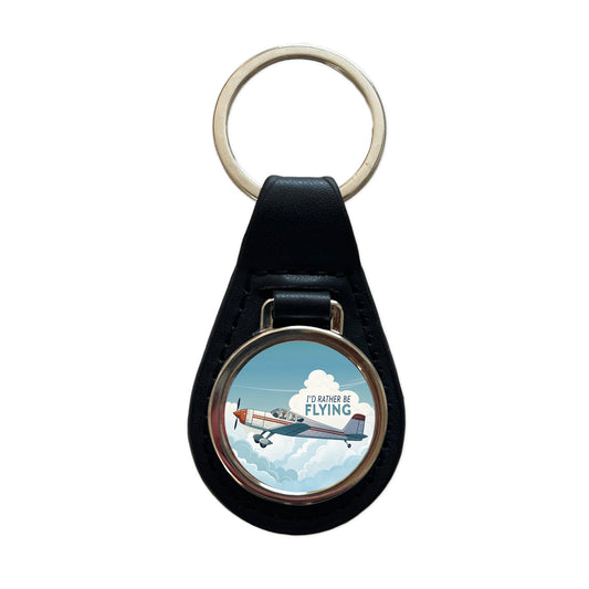 I'd Rather Be Flying Airplane Pilot Black Leather Metal Keychain