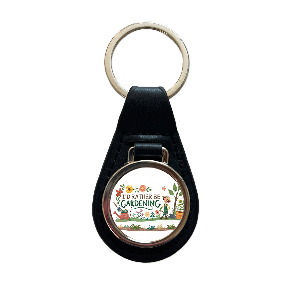 I'd Rather Be Gardening Black Leather Metal Keychain