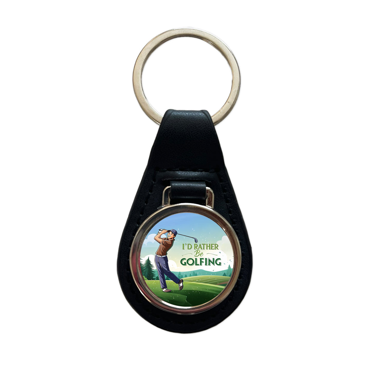 I'd Rather Be Golfing Man Golfer Black Leather Metal Keychain