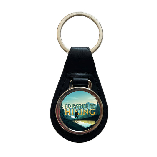 I'd Rather Be Hiking Mountains Black Leather Metal Keychain