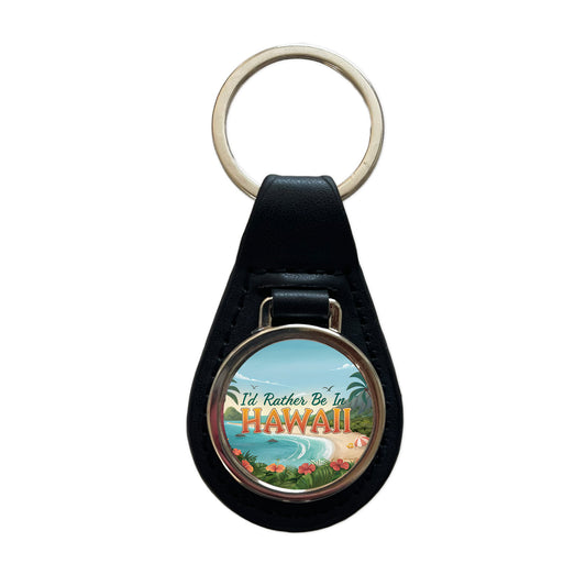 I'd Rather Be In Hawaii Black Leather Metal Keychain