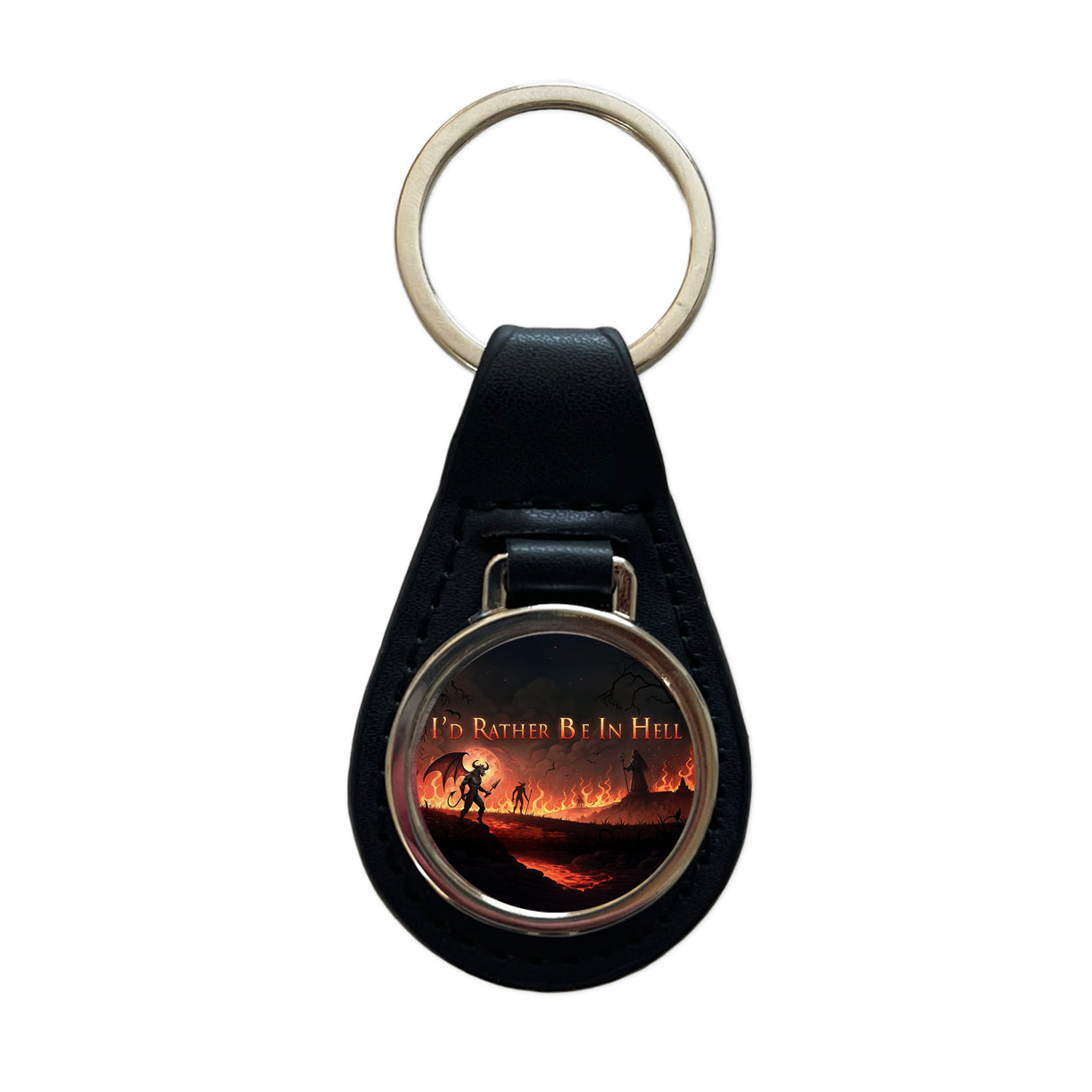 I'd Rather Be In Hell Funny Black Leather Metal Keychain