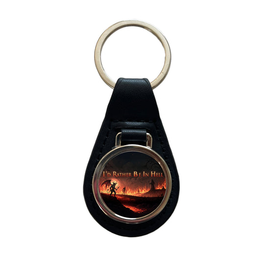I'd Rather Be In Hell Funny Black Leather Metal Keychain