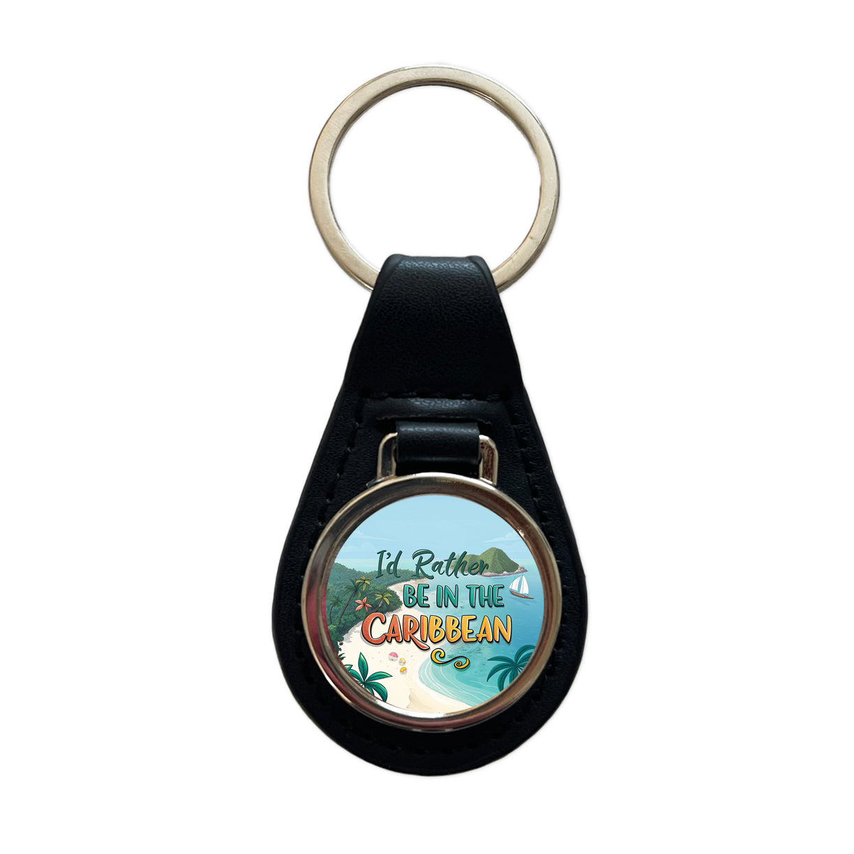 I'd Rather Be In The Caribbean Black Leather Metal Keychain