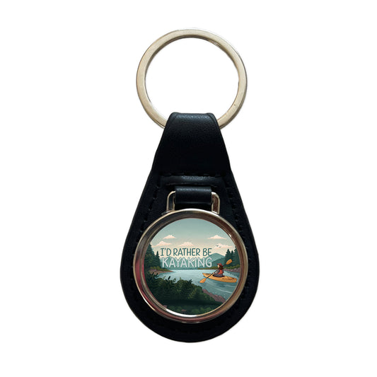 I'd Rather Be Kayaking Woman Kayaker Black Leather Metal Keychain