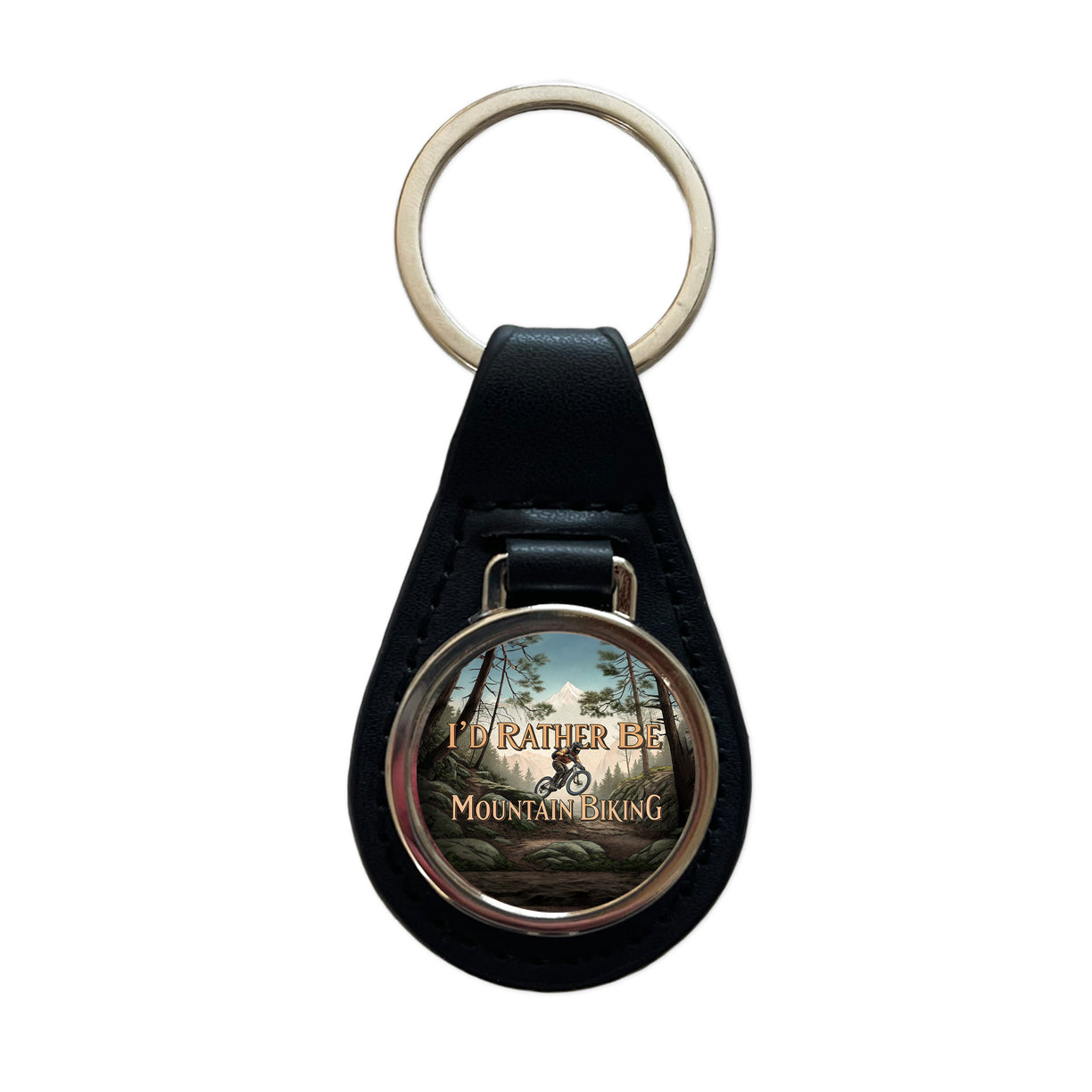 I'd Rather Be Mountain Biking Black Leather Metal Keychain